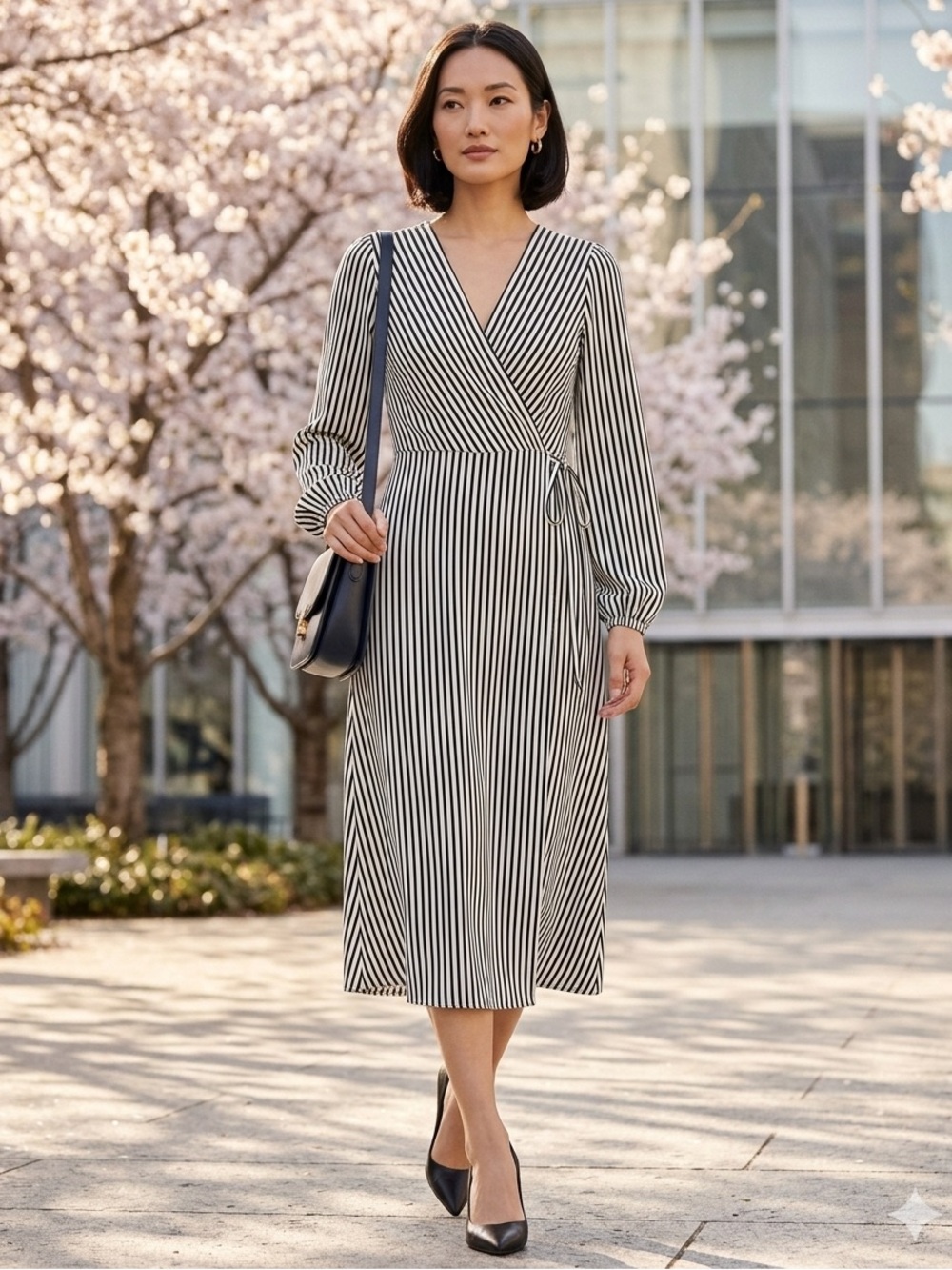 H&M Black White Striped Faux Wrap Midi Dress Long Sleeve NWT Sz S